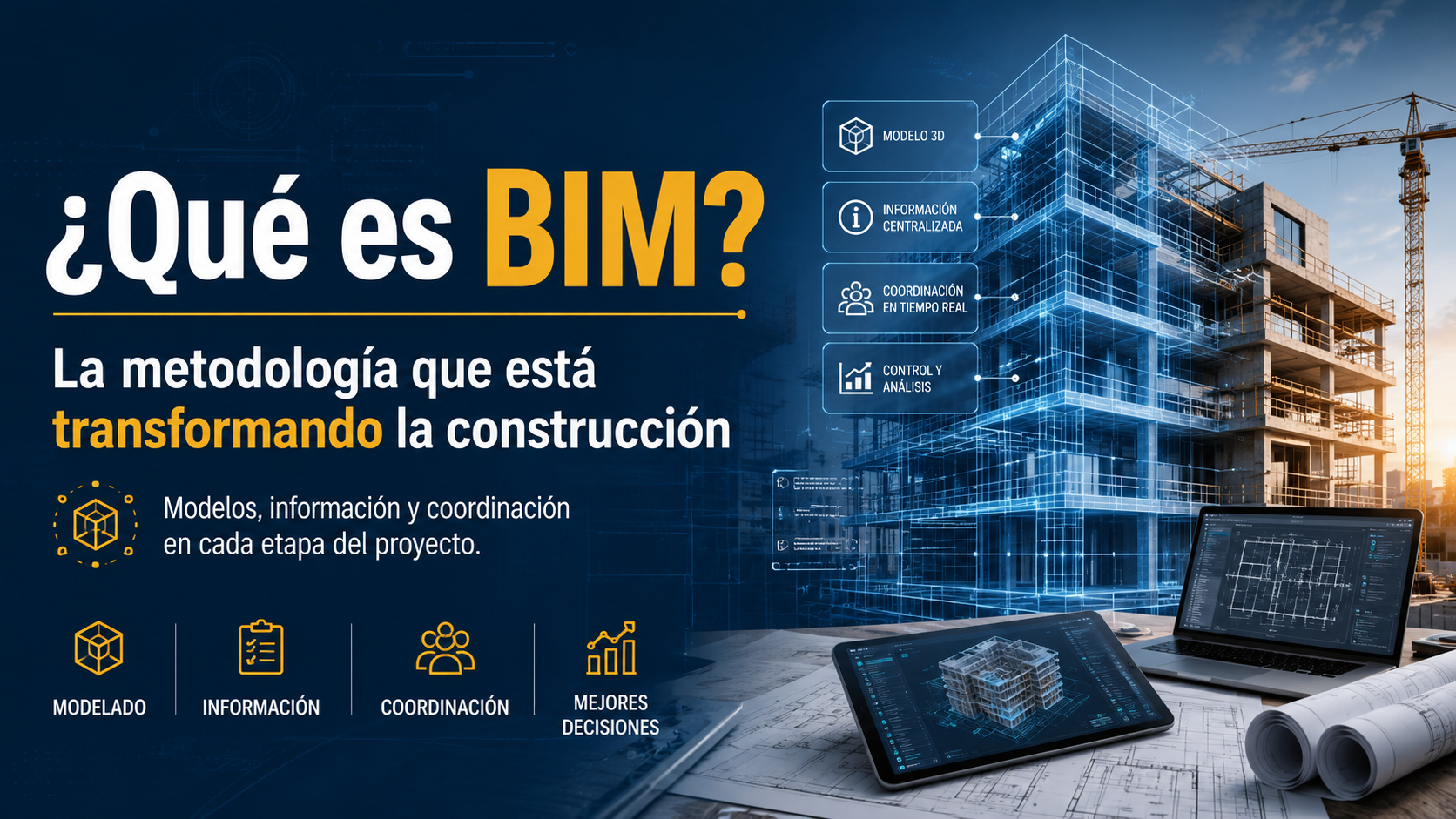 Modelo BIM de un edificio en construcción con planos digitales e información coordinada.