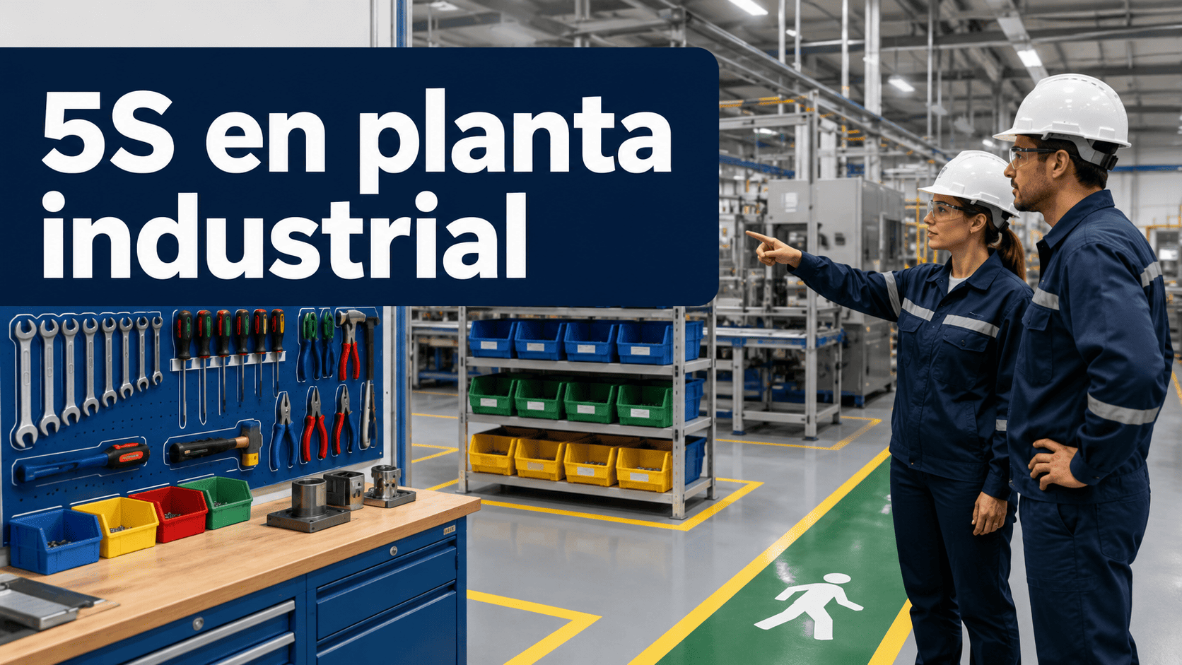 Implementación de las 5S en una planta industrial con herramientas ordenadas, áreas señalizadas y operarios supervisando el proceso.