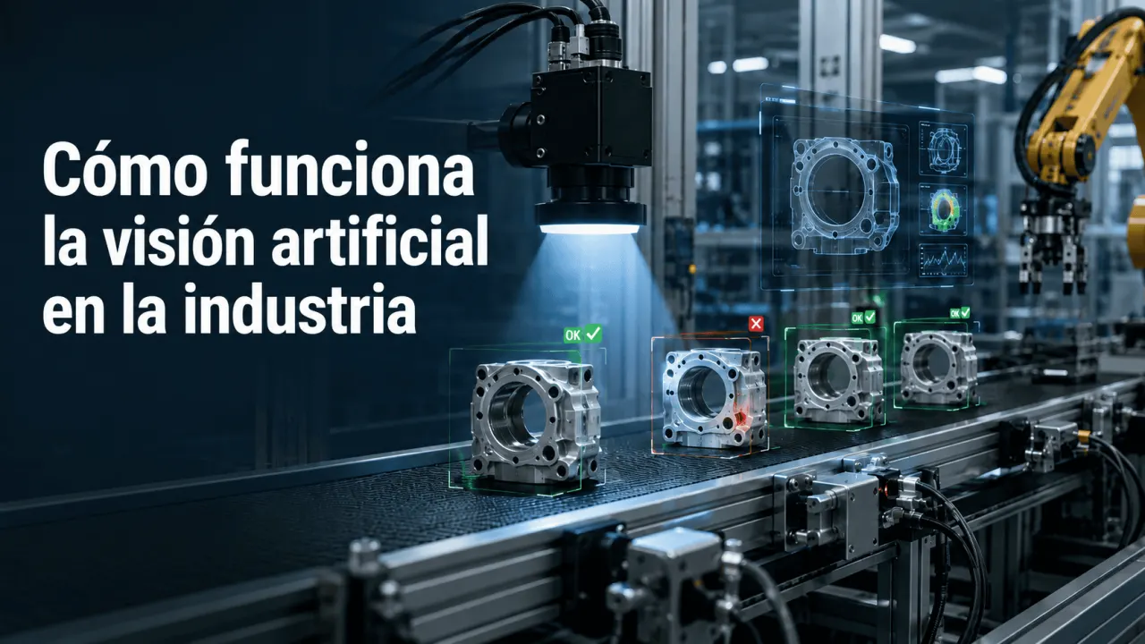 Sistema de visión artificial inspeccionando piezas en una línea de producción industrial