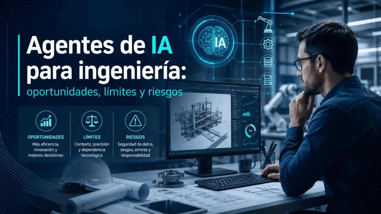 Ingeniero analizando agentes de inteligencia artificial aplicados a la ingeniería, con oportunidades, límites y riesgos de implementación.