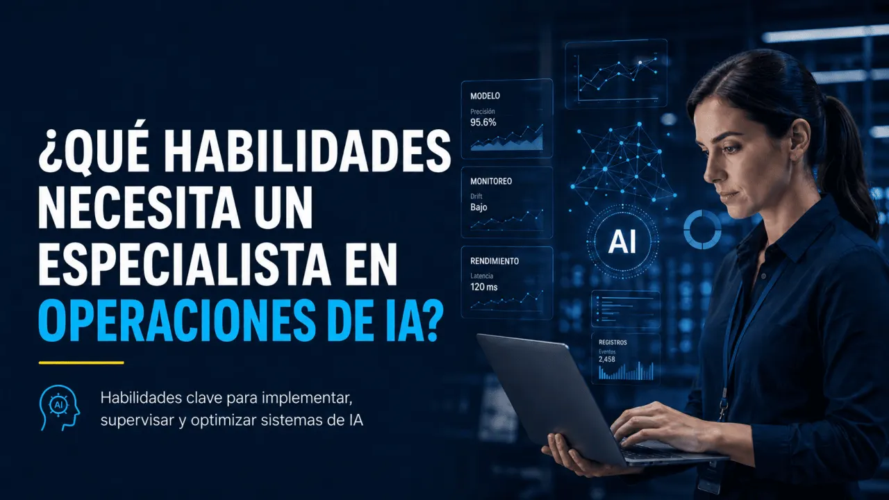 Especialista en operaciones de IA analizando métricas y modelos de inteligencia artificial desde una computadora portátil.