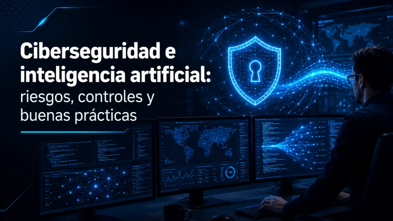 Portada sobre ciberseguridad e inteligencia artificial con analista, paneles digitales y escudo de protección.