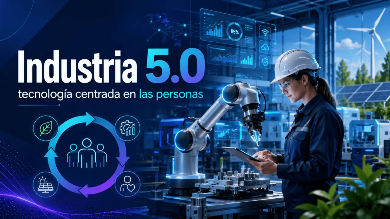 Industria 5.0 con robótica colaborativa, tecnología centrada en las personas y procesos industriales sostenibles