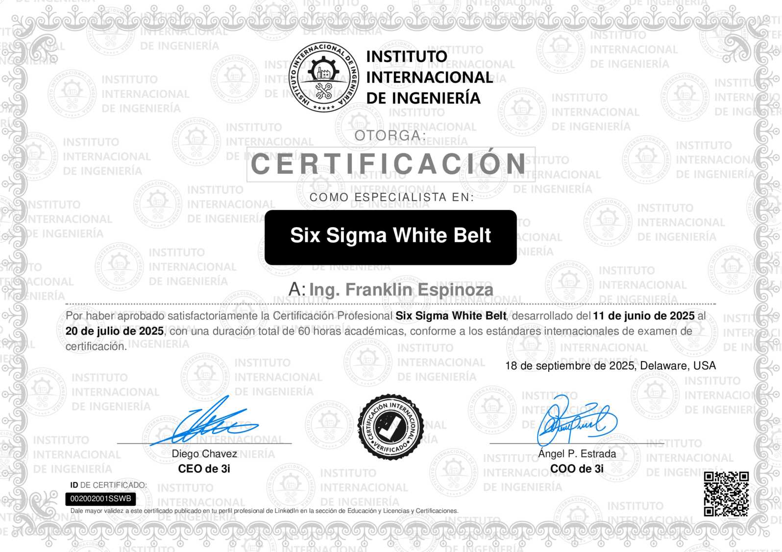 Certificado de Ing. Franklin Espinoza