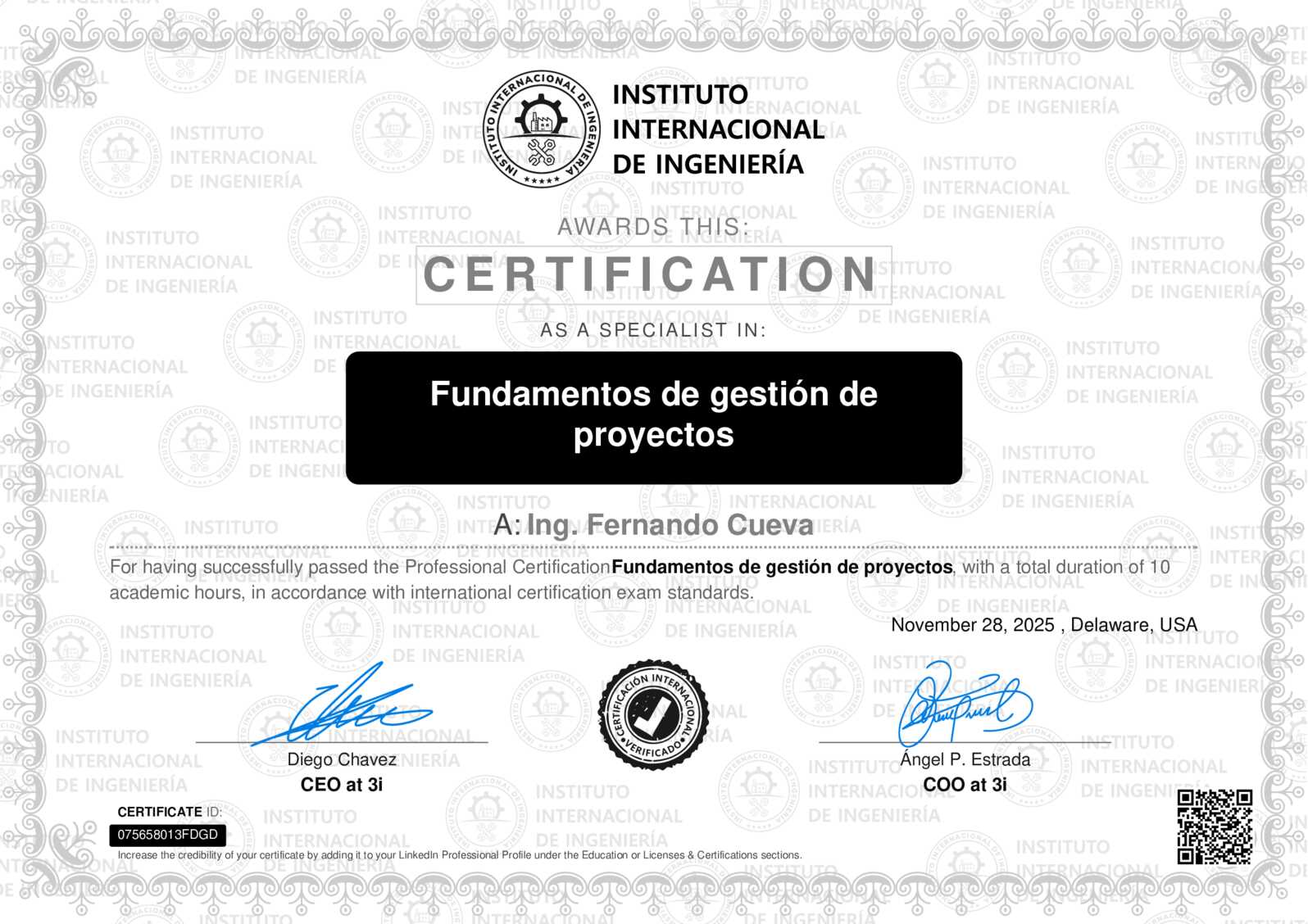 Certificado de Ing. Fernando Cueva