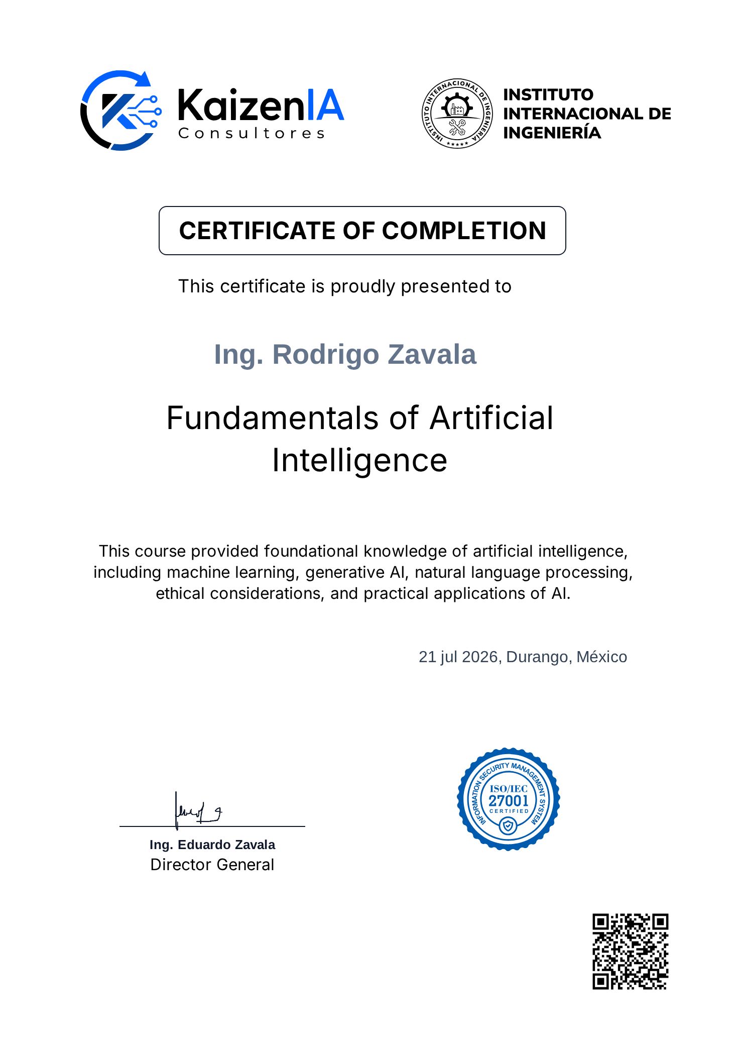 Certificado de Ing. Rodrigo Zavala
